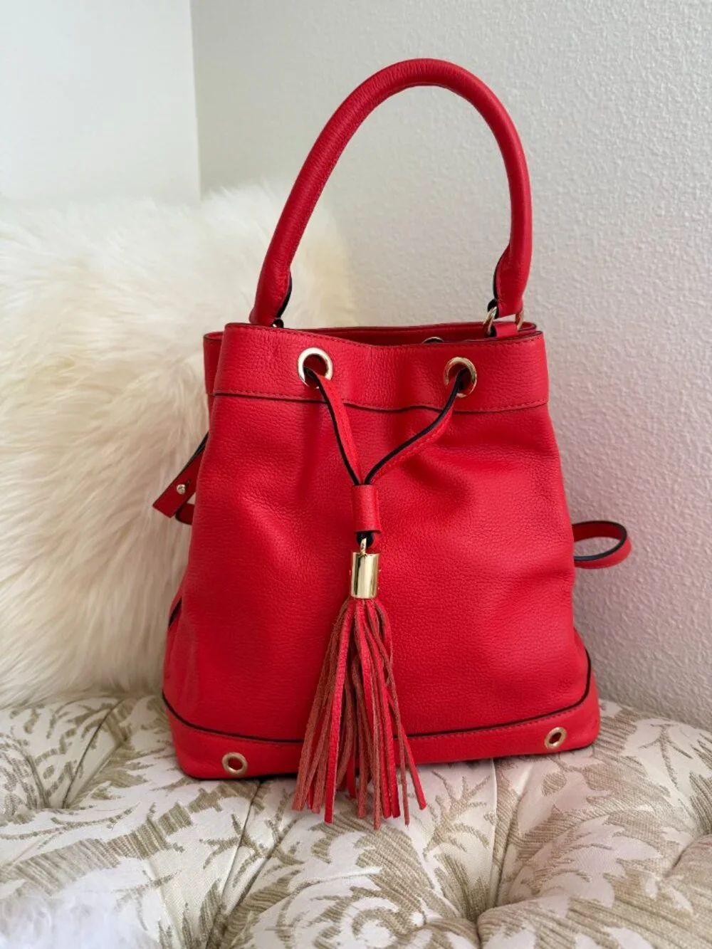 Milly Astor Vermilion Red Leather Drawstring Bucket Bag Tassel Crossbody